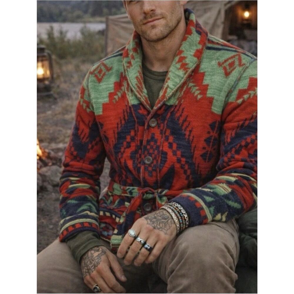 Vintage Polo Ralph Lauren Southwestern Cardigan Sweater Aztec Navajo ~ Size L~